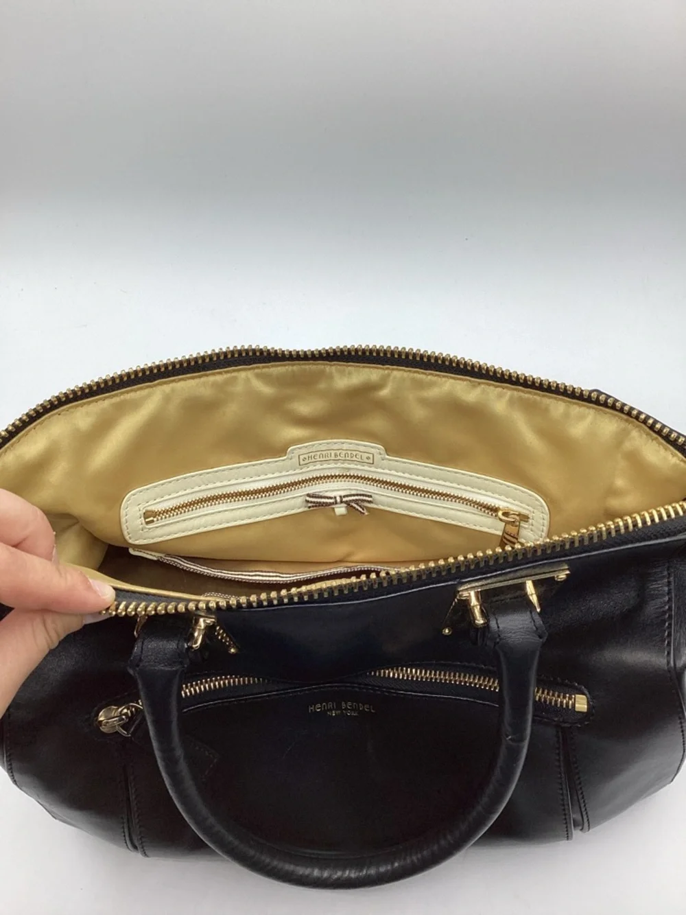 henri bendel Black Leather Satchel with Gold Hardware